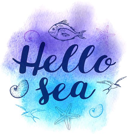 Vector abstract watercolor marine background with lettering "Hello sea" Stock Photo - Budget Royalty-Free & Subscription, Code: 400-08679669