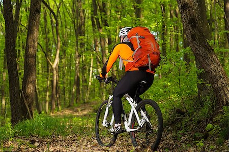 ramps on the road - Man cyclist bikes singl track in the green forest Stock Photo - Budget Royalty-Free & Subscription, Code: 400-08670624