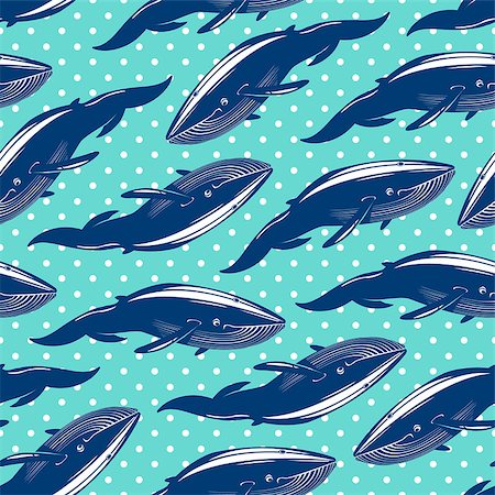 Seamless pattern with whales on blue dotted background. Vector illustration. Stock Photo - Budget Royalty-Free & Subscription, Code: 400-08671102