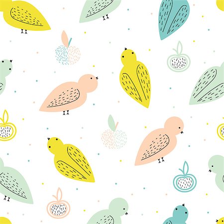 simsearch:400-07995476,k - Vector seamless pattern with birds and fruits. Cute colors Stock Photo - Budget Royalty-Free & Subscription, Code: 400-08671446