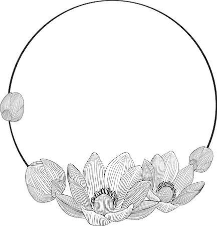 monochrome black line art lotus flowers in round frame for text Stock Photo - Budget Royalty-Free & Subscription, Code: 400-08671716