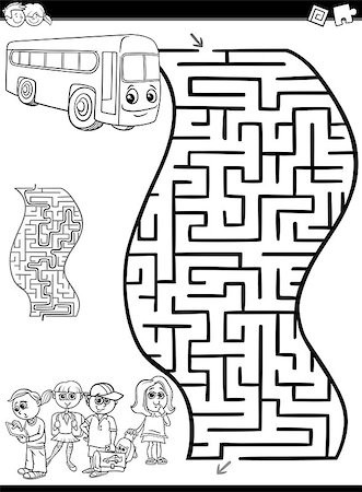 Black and White Cartoon Illustration of Education Maze or Labyrinth Activity Task for Preschool Children with School Bus and Kids for Coloring Stock Photo - Budget Royalty-Free & Subscription, Code: 400-08672102