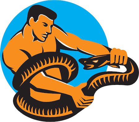 Illustration of a man struggling fighting a boa constrictor snake wrapped around his torso viewed from side set inside circle done in retro style. Stock Photo - Budget Royalty-Free & Subscription, Code: 400-08680484