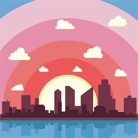 Sunset in the city. Cityscape silhouette sunrise vector illustration Stock Photo - Budget Royalty-Free & Subscription, Code: 400-08681053