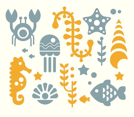 simsearch:400-08646884,k - Sea animals and plants, set of sea elements in flat style, vector illustration collection Stock Photo - Budget Royalty-Free & Subscription, Code: 400-08681443