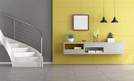 simsearch:400-07513835,k - White stair in a minimalist living room with gray sideboard on yellow wall - 3d rendering Foto de stock - Super Valor sin royalties y Suscripción, Código: 400-08695308