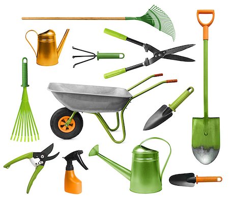 Essential gardening hand tools colorful set isolated on white Stock Photo - Budget Royalty-Free & Subscription, Code: 400-08695586