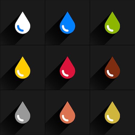 Drop icon set milk, water, eco, oil, blood, chocolate, silver, copper, gold in simple flat style. White, blue, green, yellow, crimson brown gray colors shapes with long black shadow on gray background Stock Photo - Budget Royalty-Free & Subscription, Code: 400-08696764