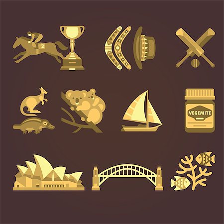 Set of vector illustrations Australia and Sydney in sepia style Stock Photo - Budget Royalty-Free & Subscription, Code: 400-08697590