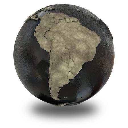 South America on 3D model of planet Earth with black oily oceans and concrete continents with embossed countries. Concept of petroleum industry or global enviromental disaster. 3D illustration isolated on white background with shadow. Stock Photo - Budget Royalty-Free & Subscription, Code: 400-08693825