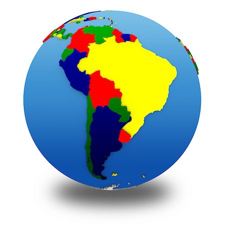 simsearch:400-08401820,k - South America on political 3D model of Earth with embossed continents and countries in various colors. 3D illustration isolated on white background with shadow. Photographie de stock - Aubaine LD & Abonnement, Code: 400-08693827