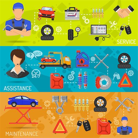 Car Service, Roadside Assistance and Maintenance Horizontal Banners with Flat Icons Mechanic, Support and Tow Truck. Vector illustration. Stock Photo - Budget Royalty-Free & Subscription, Code: 400-08707552