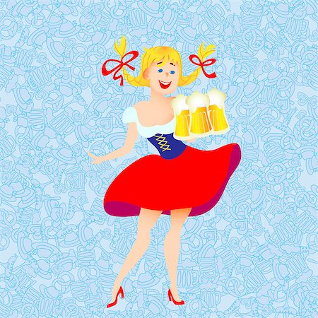 Cute cartoon Oktoberfest german girl waitress in traditional clothes with beer. Vector illustration Stock Photo - Budget Royalty-Free & Subscription, Code: 400-08707753