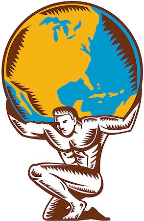 Illustration of Atlas kneeling carrying lifting globe world earth on his back set on isolated white background done in retro woodcut style. Stock Photo - Budget Royalty-Free & Subscription, Code: 400-08707972