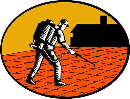 simsearch:400-08629141,k - Illustration of a paver sealer contractor sealing paving with house in the background set inside oval shape done in retro woodcut style. Stock Photo - Budget Royalty-Free & Subscription, Code: 400-08707995