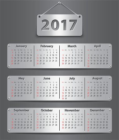 simsearch:400-07215674,k - Calendar for 2017 year in English attached with metallic tablets. Vector illustration Stock Photo - Budget Royalty-Free & Subscription, Code: 400-08708083