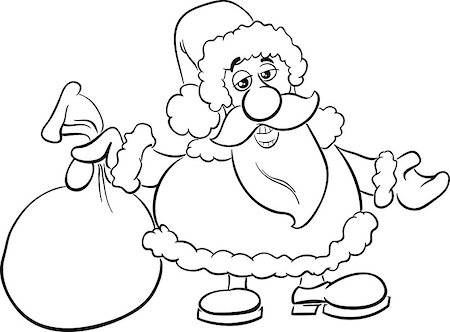 simsearch:400-08708552,k - Black and White Cartoon Illustration of Santa Claus with Sack of Gifts on Christmas Time for Coloring Book Stock Photo - Budget Royalty-Free & Subscription, Code: 400-08708548
