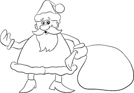 simsearch:400-08708552,k - Black and White Cartoon Illustration of Santa Claus with Sack of Gifts on Christmas for Coloring Book Stock Photo - Budget Royalty-Free & Subscription, Code: 400-08708550