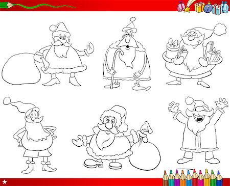simsearch:400-08708552,k - Coloring Book Cartoon Illustration of Black and White Set with Santa Claus Characters on Christmas Time Stock Photo - Budget Royalty-Free & Subscription, Code: 400-08709460