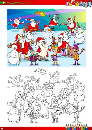 simsearch:400-08708552,k - Coloring Book Cartoon Illustration of Santa Claus and Christmas Characters Group Stock Photo - Budget Royalty-Free & Subscription, Code: 400-08709461