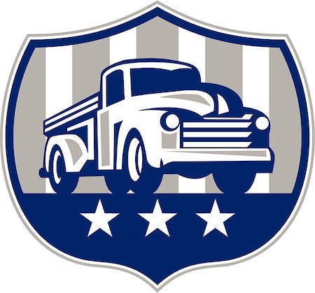 Illlustration of a vintage pick up truck set inside shield crest with usa american stars and stripes flag in the background done in retro style. Stock Photo - Budget Royalty-Free & Subscription, Code: 400-08710701