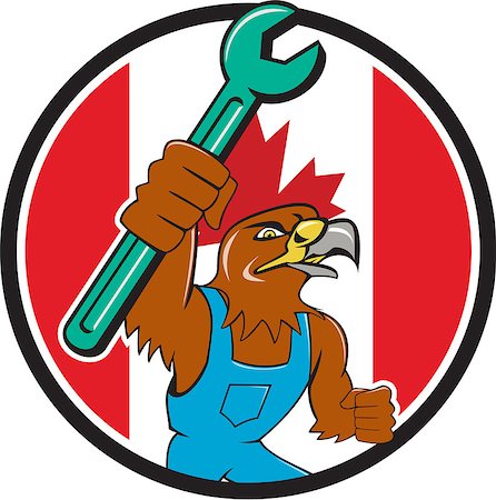 Illustration of a hawk mechanic raising up pipe spanner set inside circle with Canada flag in the background done in cartoon style. Stock Photo - Budget Royalty-Free & Subscription, Code: 400-08710718