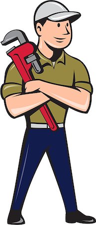 pipe wrench - Illustration of a plumber wearing hat looking to the side arms crossed standing holding monkey wrench viewed from front set inside circle on isolated background done in cartoon style. Stock Photo - Budget Royalty-Free & Subscription, Code: 400-08710721