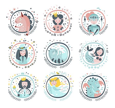Fairy Tale Heroes Girly Stickers In Round Frames In Childish Simple Design Isolated On White Background Stock Photo - Budget Royalty-Free & Subscription, Code: 400-08710982