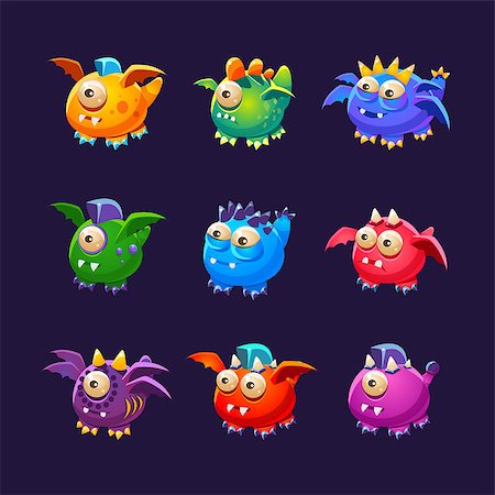 red mohawk - Little Alien Monsters With And Without Wings Set Of Bright Color Vector Icons Isolated On Dark Background. Cute Childish Fantastic Animal Characters Design. Photographie de stock - Aubaine LD & Abonnement, Code: 400-08711001