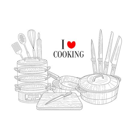 Set Of Cooking Utensils Hand Drawn Realistic Detailed Sketch In Classy Simple Pencil Style On White Background Stock Photo - Budget Royalty-Free & Subscription, Code: 400-08711026