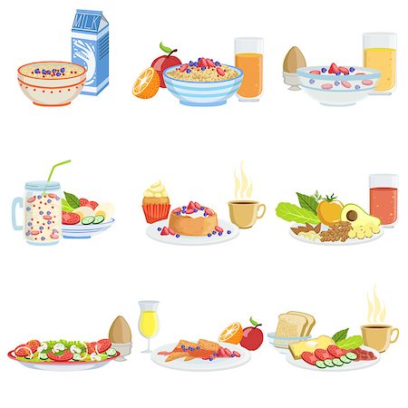 Different Breakfast Food And Drink Sets. Collection Of Morning Menu Plates Illustrations In Detailed Simple Vector Design. Stock Photo - Budget Royalty-Free & Subscription, Code: 400-08711039