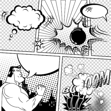 super - Vector Retro Comic Book Speech Bubbles Illustration. Mock-up of Comic Book Page with place for Text, Bubbles, Symbols, Sound Effects, Colored Halftone Background and Superhero. Black and White Coloring Stock Photo - Budget Royalty-Free & Subscription, Code: 400-08711281