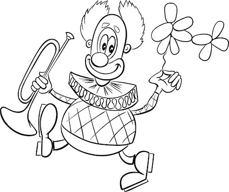 simsearch:400-04236834,k - Black and White Cartoon Illustration of Funny Clown Circus Character with Trumpet and Balloon Coloring Book Stock Photo - Budget Royalty-Free & Subscription, Code: 400-08711453