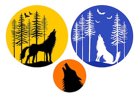 Howling wolf with moon, fir trees and flying birds, set of vector design elements Photographie de stock - Aubaine LD & Abonnement, Code: 400-08711922