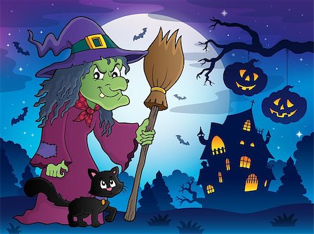 simsearch:400-05686860,k - Witch with cat and broom theme image 8 - eps10 vector illustration. Stock Photo - Budget Royalty-Free & Subscription, Code: 400-08712299