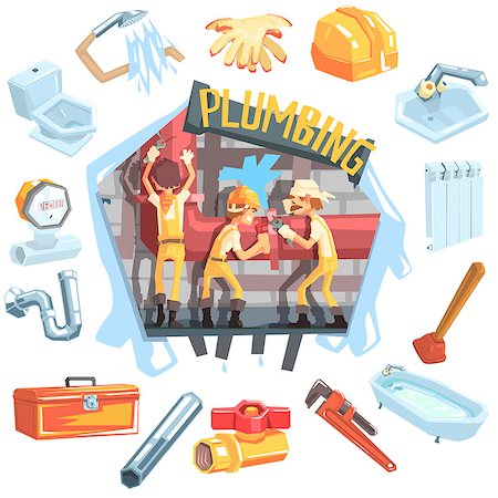 pipe wrench - Three Plumbers At Work Surrounded By Profession Related Objects Cool Colorful Vector Illustration In Stylized Geometric Cartoon Design Stock Photo - Budget Royalty-Free & Subscription, Code: 400-08712944