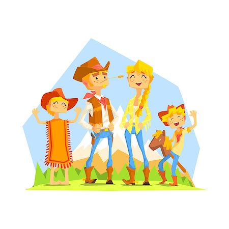 Family Dressed As Cowboys With Mountain Landscape On Background. Cool Colorful Wild West Themed Vector Illustration In Stylized Geometric Cartoon Design Stock Photo - Budget Royalty-Free & Subscription, Code: 400-08712995