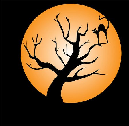 vector illustration of a cat in the tree int orange moon light Stock Photo - Budget Royalty-Free & Subscription, Code: 400-08713380