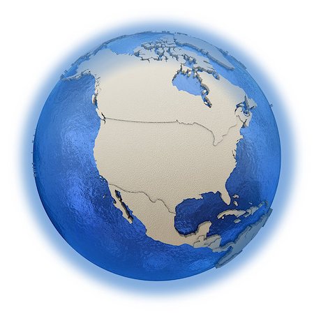 simsearch:400-08401820,k - North America on 3D model of blue Earth with embossed countries and blue ocean. 3D illustration isolated on white background. Photographie de stock - Aubaine LD & Abonnement, Code: 400-08729719