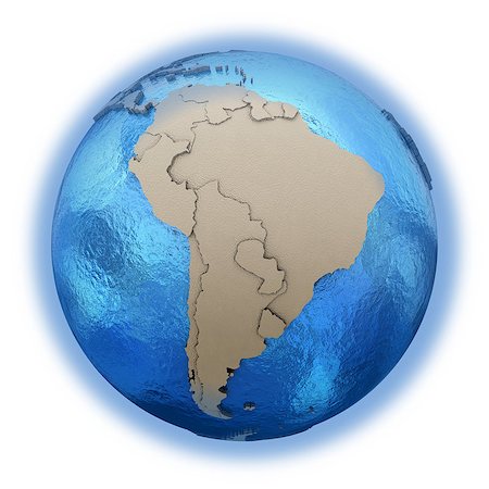 simsearch:400-08401820,k - South America on 3D model of blue Earth with embossed countries and blue ocean. 3D illustration isolated on white background. Photographie de stock - Aubaine LD & Abonnement, Code: 400-08729710