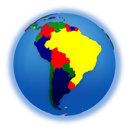 simsearch:400-08401820,k - South America on political 3D model of Earth with embossed continents and countries in various colors. 3D illustration isolated on white background. Photographie de stock - Aubaine LD & Abonnement, Code: 400-08729772