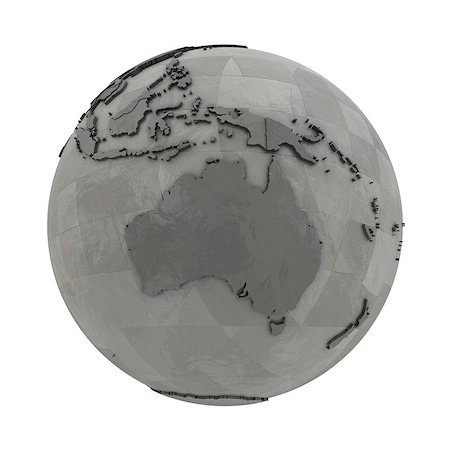 Australia on 3D model of metallic planet Earth made of steel plates with embossed countries. 3D illustration isolated on white background. Stock Photo - Budget Royalty-Free & Subscription, Code: 400-08729847