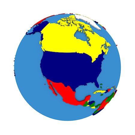 simsearch:400-08401820,k - North America on political 3D model of Earth with embossed continents and countries in various colors. 3D illustration isolated on white background. Photographie de stock - Aubaine LD & Abonnement, Code: 400-08729865