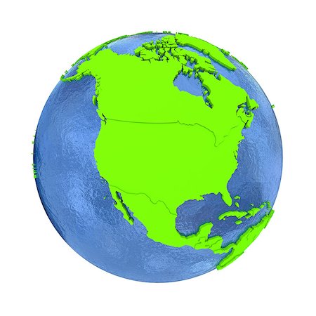simsearch:400-08401820,k - North America on elegant green 3D model of planet Earth with realistic watery blue ocean and green continents with visible country borders. 3D illustration isolated on white background. Photographie de stock - Aubaine LD & Abonnement, Code: 400-08729866