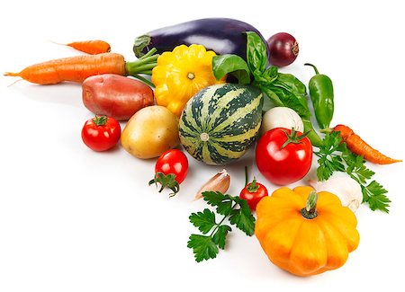 pumpkin fruit and his leafs - Fresh vegetables with green leaves and herbs, isolated on white background Stock Photo - Budget Royalty-Free & Subscription, Code: 400-08734619