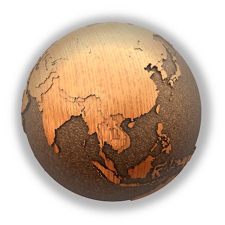 Southeast Asia on 3D model of wooden planet Earth with oceans made of cork and wooden continents with embossed countries. 3D illustration isolated on white background. Stock Photo - Budget Royalty-Free & Subscription, Code: 400-08730063
