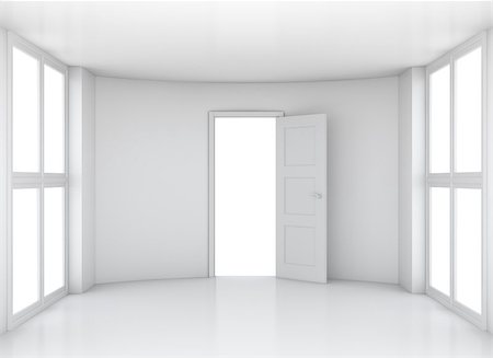 empty room with glass door - Empty white clean room with opened door and large windows. 3D rendering Stock Photo - Budget Royalty-Free & Subscription, Code: 400-08731354