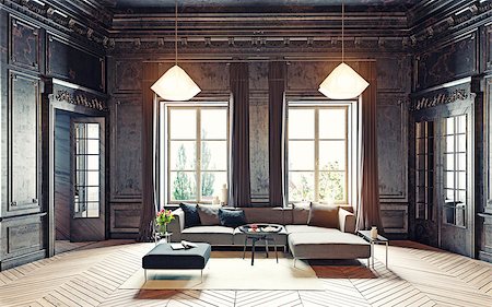 modern style black living room apartment. 3d rendering Foto de stock - Super Valor sin royalties y Suscripción, Código: 400-08731606