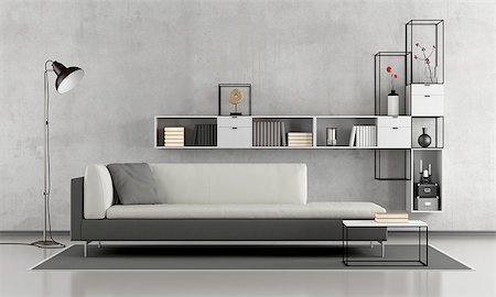 simsearch:400-07513835,k - Black and white minimalist lounge with sofa and modern bookcase on concrete wall - 3d rendering Foto de stock - Super Valor sin royalties y Suscripción, Código: 400-08754160