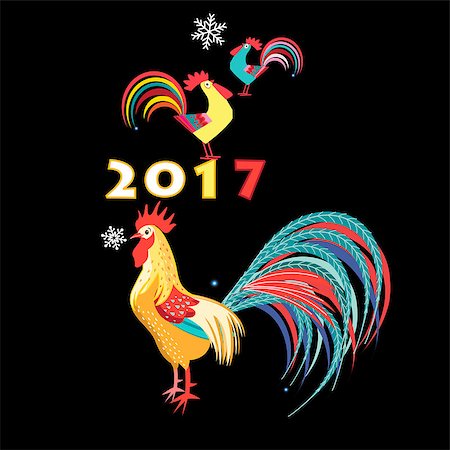 Greeting Christmas card with a rooster on a dark background Foto de stock - Super Valor sin royalties y Suscripción, Código: 400-08755453